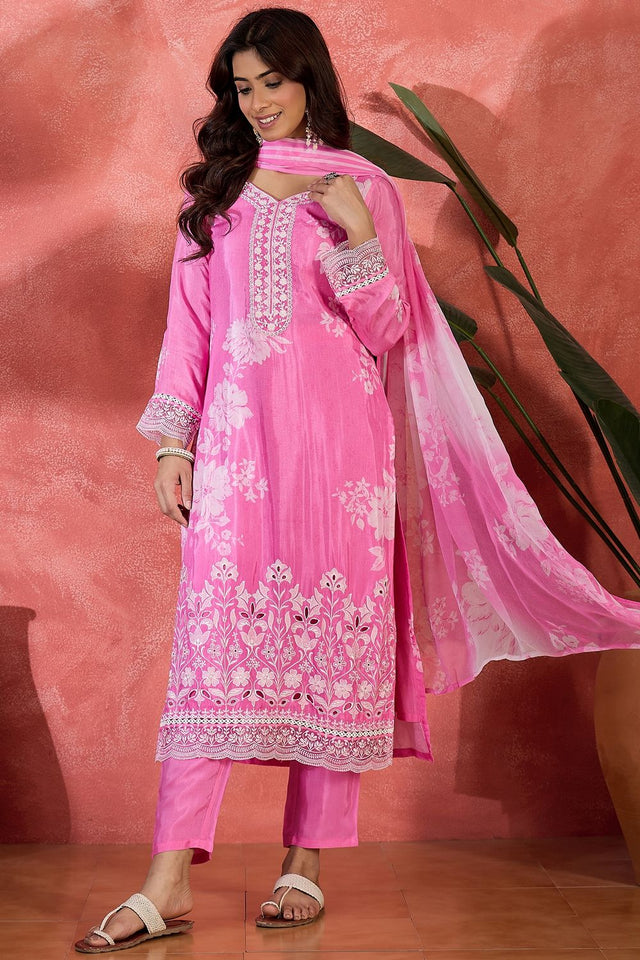Pink Floral Embroidered Muslin Free Size Stitched Straight Cut Suit (51578)