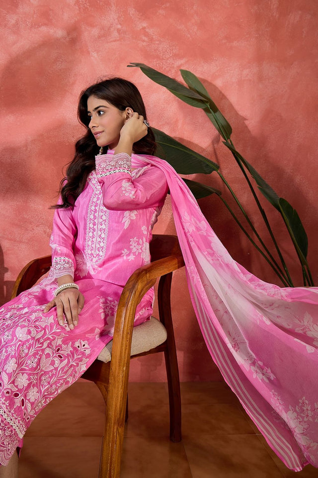 Pink Floral Embroidered Muslin Free Size Stitched Straight Cut Suit (51578)