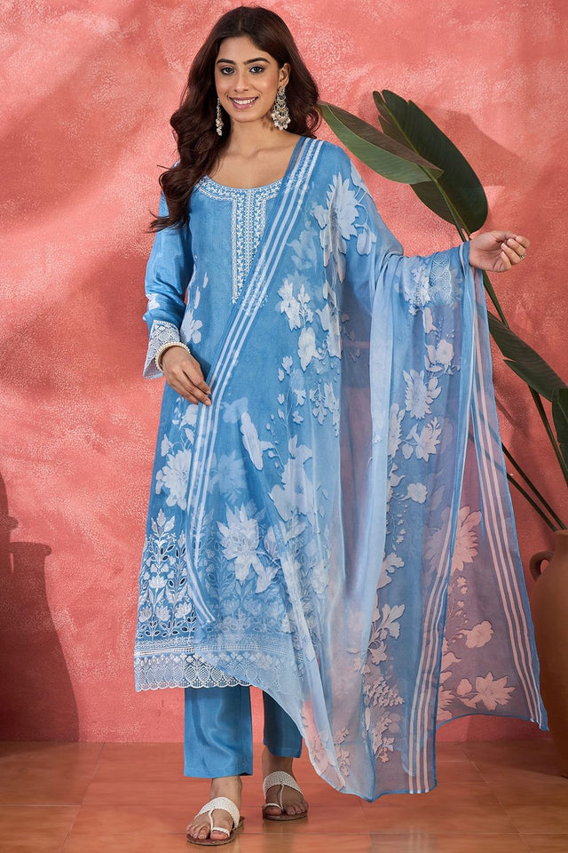 Blue Floral Embroidered Muslin Free Size Stitched Straight Cut Suit (51579)