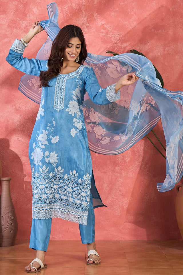 Blue Floral Embroidered Muslin Free Size Stitched Straight Cut Suit (51579)