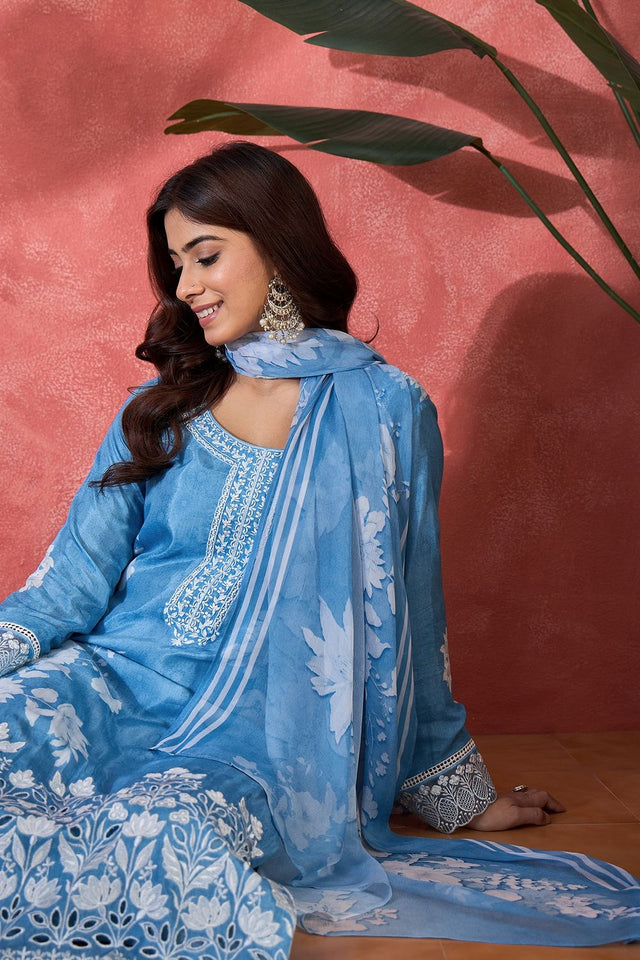 Blue Floral Embroidered Muslin Free Size Stitched Straight Cut Suit (51579)