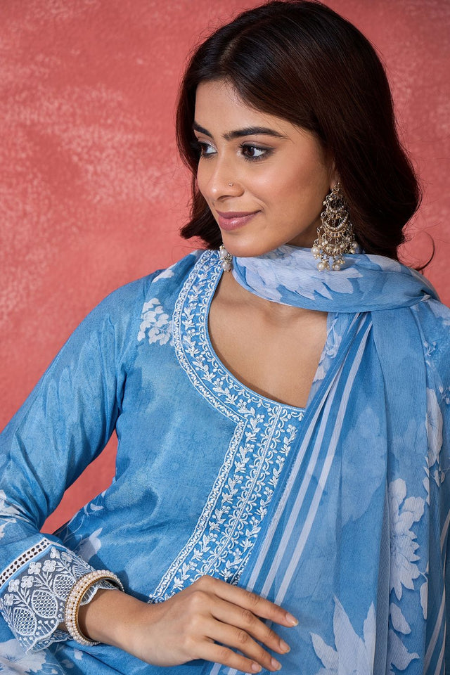 Blue Floral Embroidered Muslin Free Size Stitched Straight Cut Suit (51579)