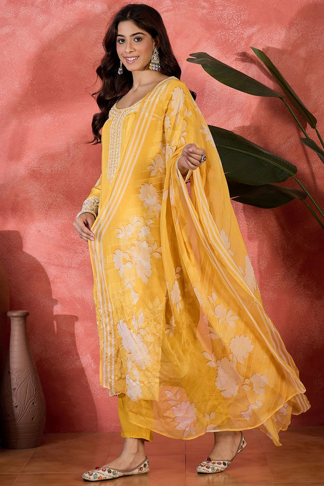 Yellow Floral Embroidered Muslin Free Size Stitched Straight Cut Suit (51580)