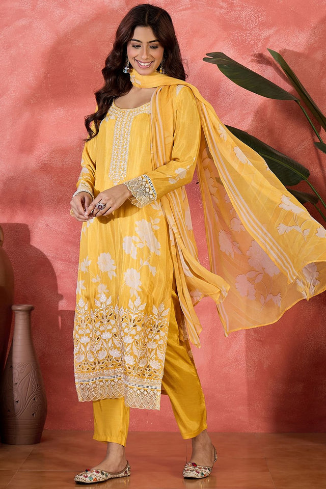 Yellow Floral Embroidered Muslin Free Size Stitched Straight Cut Suit (51580)