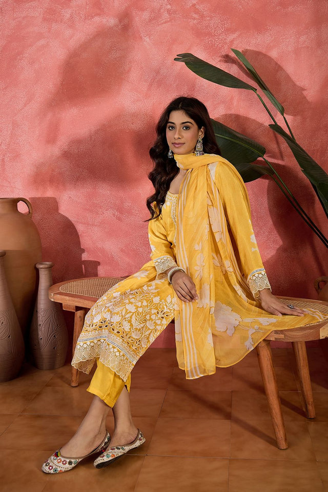 Yellow Floral Embroidered Muslin Free Size Stitched Straight Cut Suit (51580)