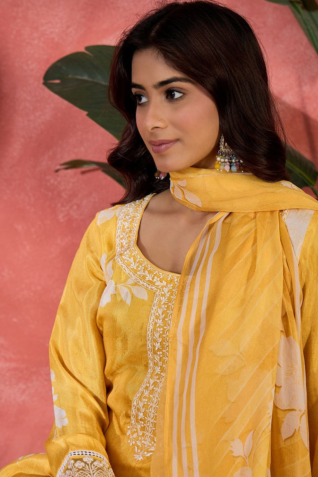 Yellow Floral Embroidered Muslin Free Size Stitched Straight Cut Suit (51580)