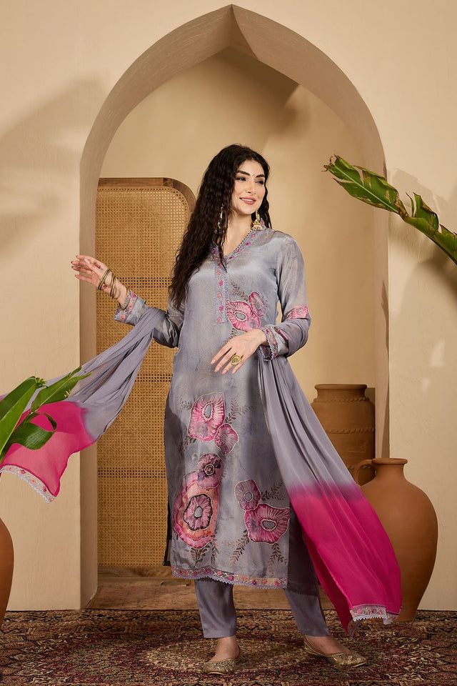 Grey Embroidered Silk Free Size Stitched Straight Cut Suit (51976)
