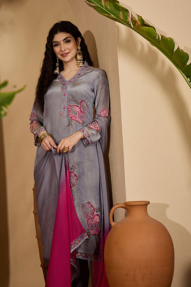 Grey Embroidered Silk Free Size Stitched Straight Cut Suit (51976)