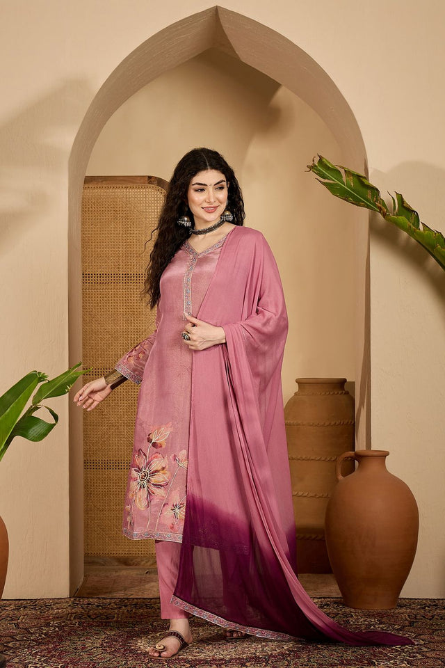 Mauve Embroidered Silk Free Size Stitched Straight Cut Suit (51977)