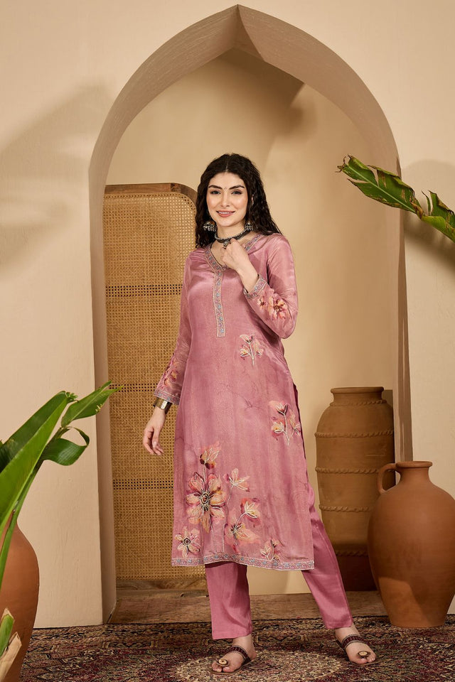 Mauve Embroidered Silk Free Size Stitched Straight Cut Suit (51977)