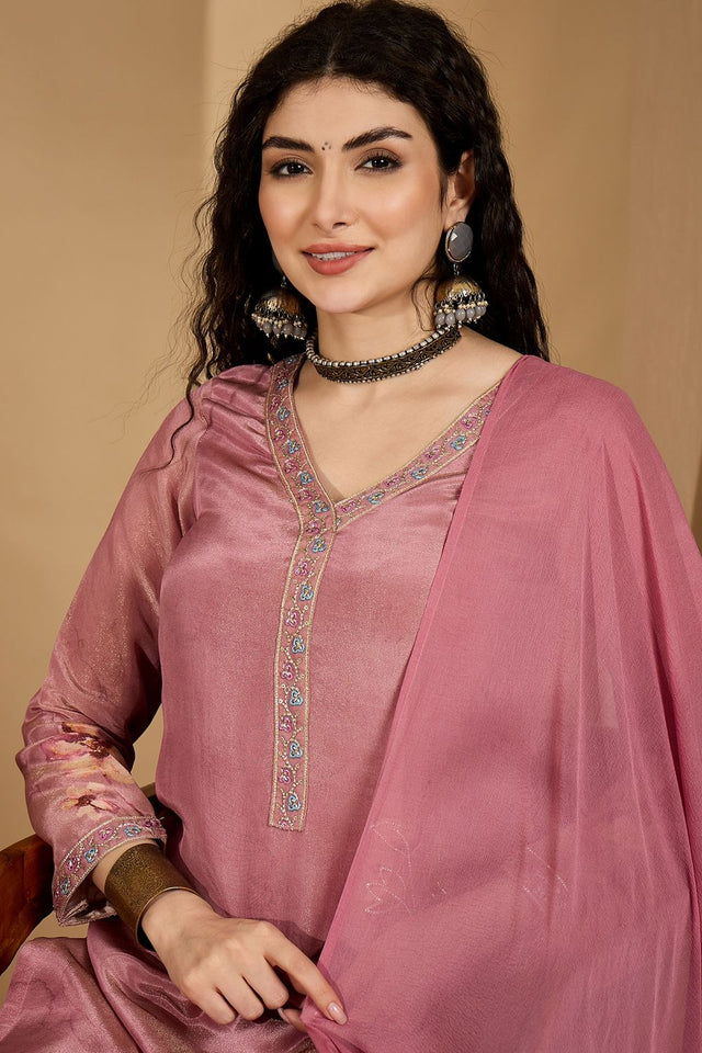 Mauve Embroidered Silk Free Size Stitched Straight Cut Suit (51977)