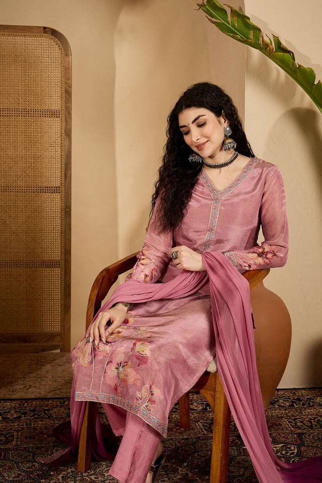 Mauve Embroidered Silk Free Size Stitched Straight Cut Suit (51977)