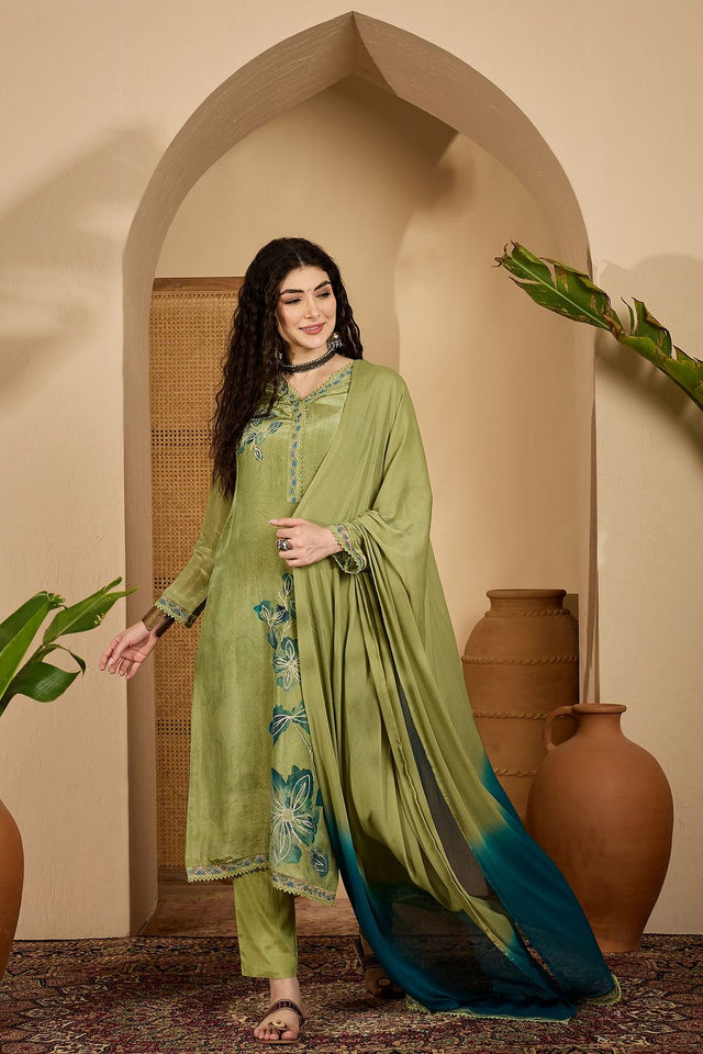 Green Embroidered Silk Free Size Stitched Straight Cut Suit (51978)