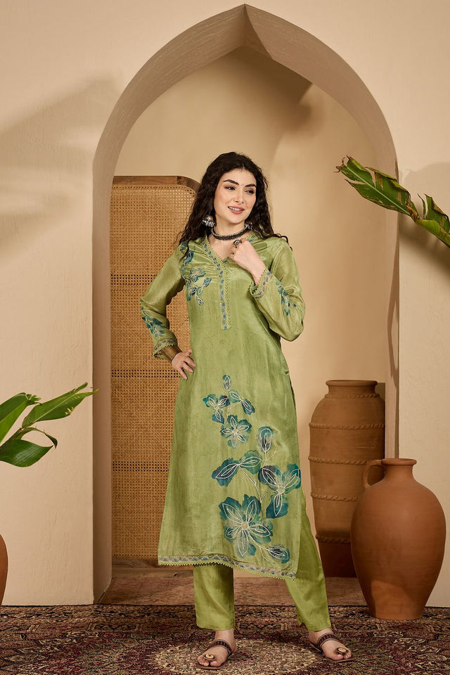 Green Embroidered Silk Free Size Stitched Straight Cut Suit (51978)