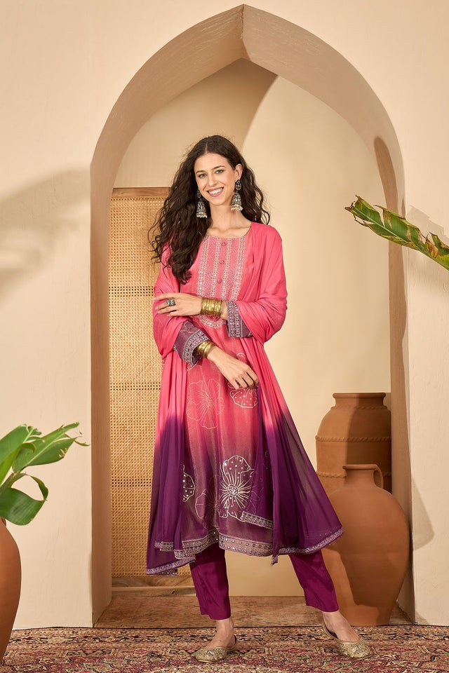 Pink Embroidered Silk Free Size Stitched Straight Cut Suit (51979)