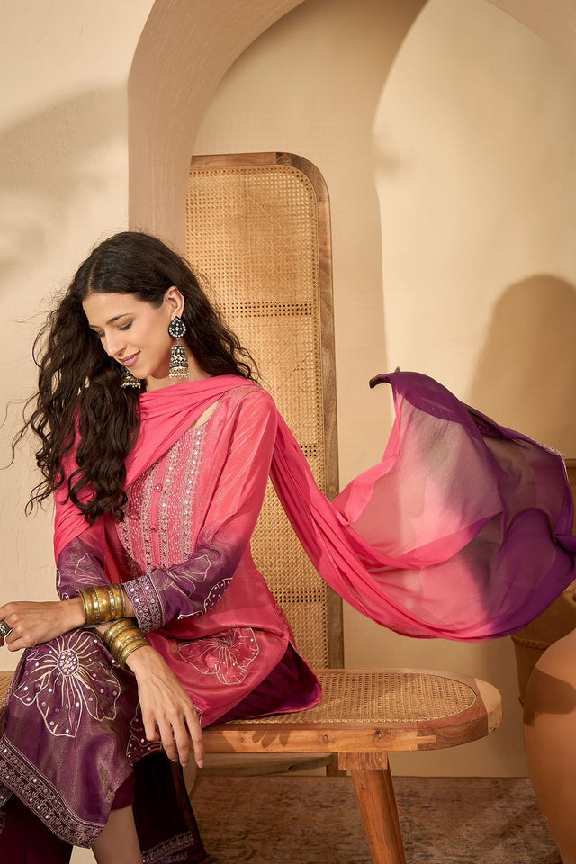 Pink Embroidered Silk Free Size Stitched Straight Cut Suit (51979)