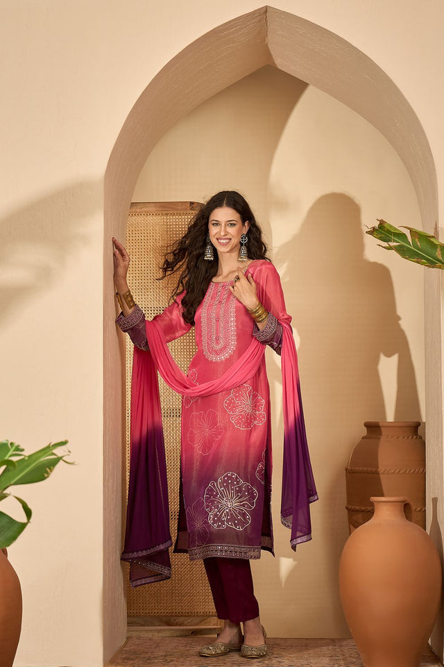 Pink Embroidered Silk Free Size Stitched Straight Cut Suit (51979)