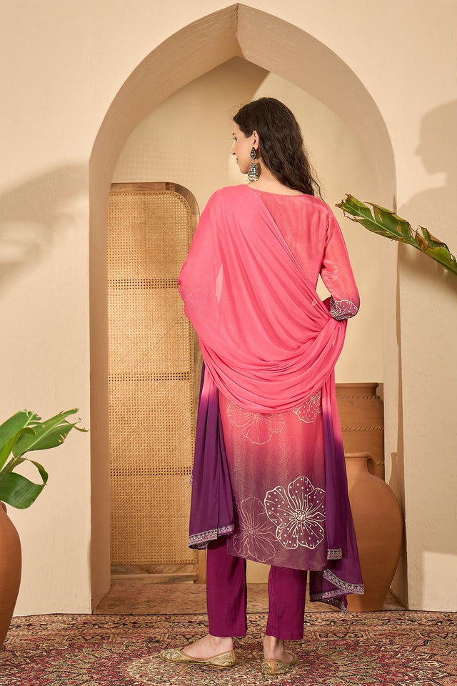 Pink Embroidered Silk Free Size Stitched Straight Cut Suit (51979)