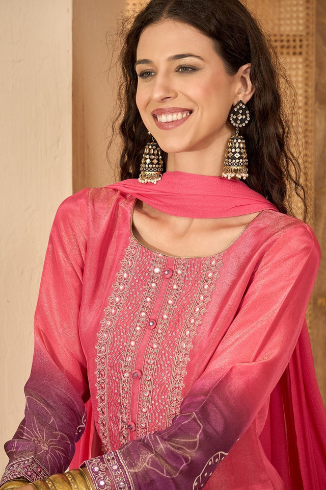Pink Embroidered Silk Free Size Stitched Straight Cut Suit (51979)