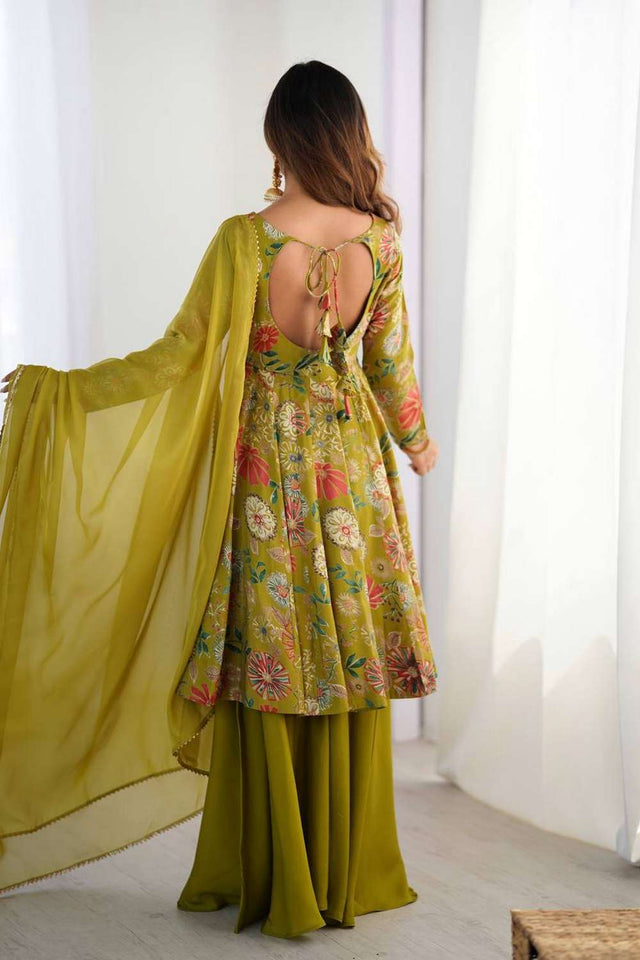 Dark Green Floral Printed Chanderi Palazzo Suit Set