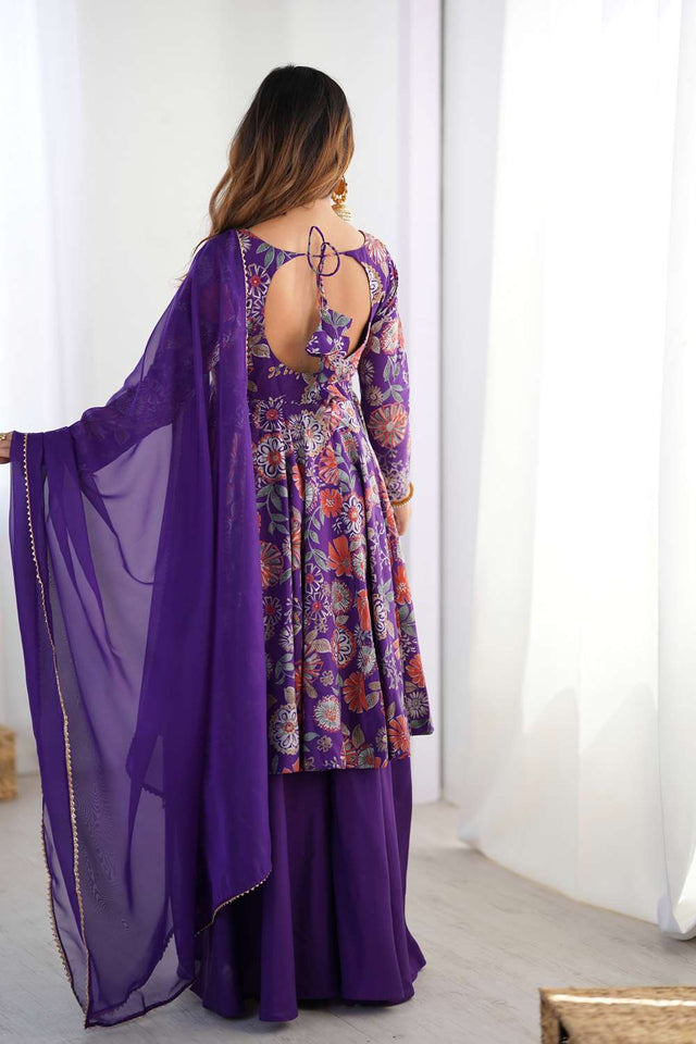 Violet Floral Printed Chanderi Palazzo Suit Set