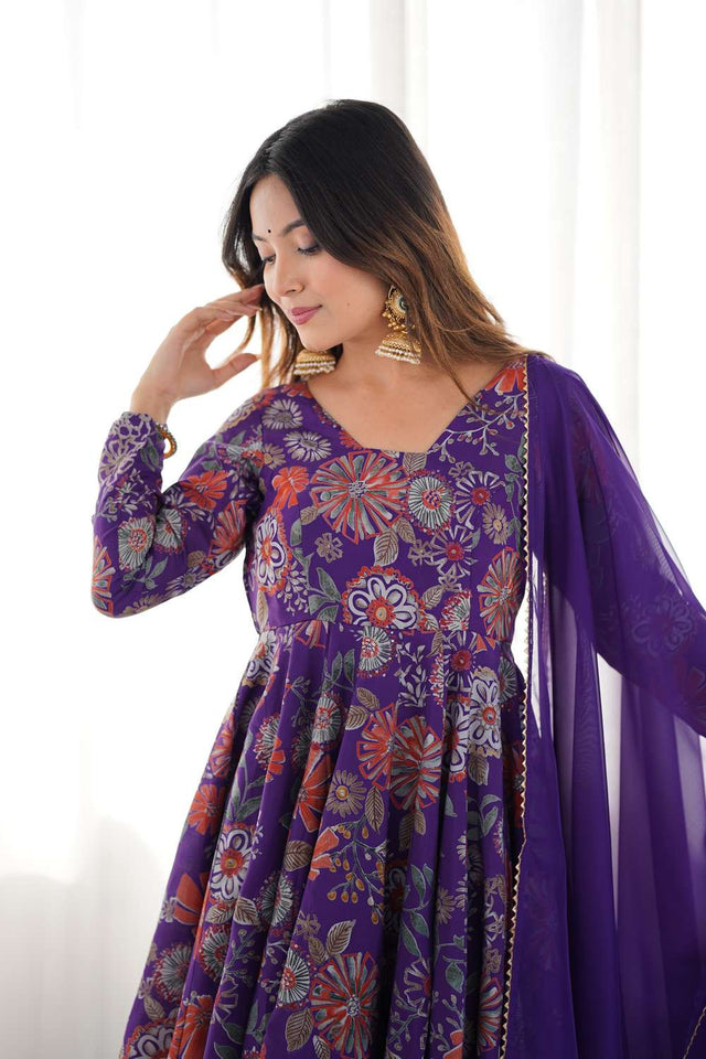 Violet Floral Printed Chanderi Palazzo Suit Set