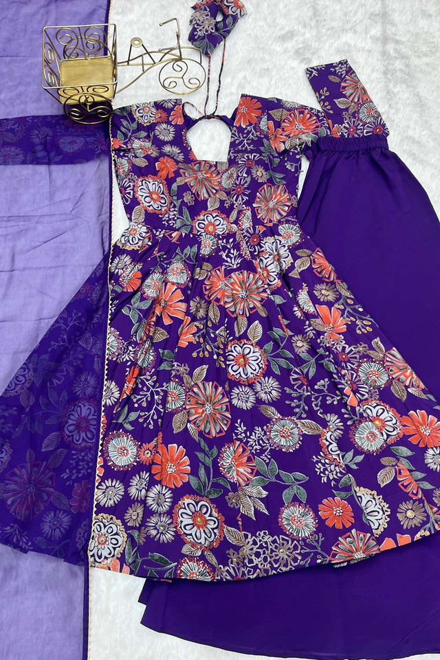 Violet Floral Printed Chanderi Palazzo Suit Set