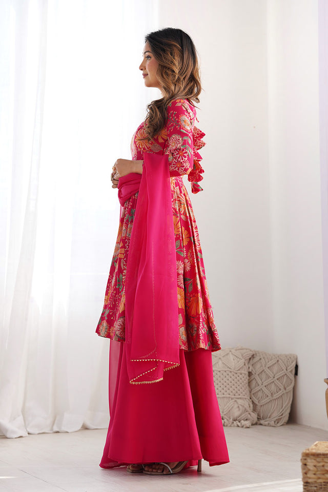 Dark Pink Floral Printed Chanderi Sharara Suit Set