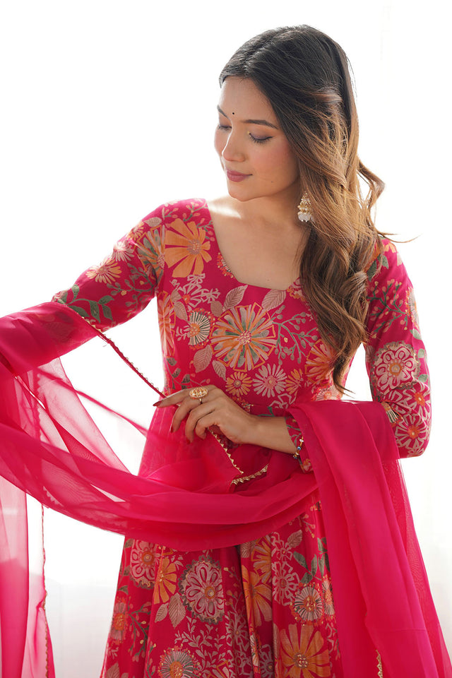 Dark Pink Floral Printed Chanderi Sharara Suit Set