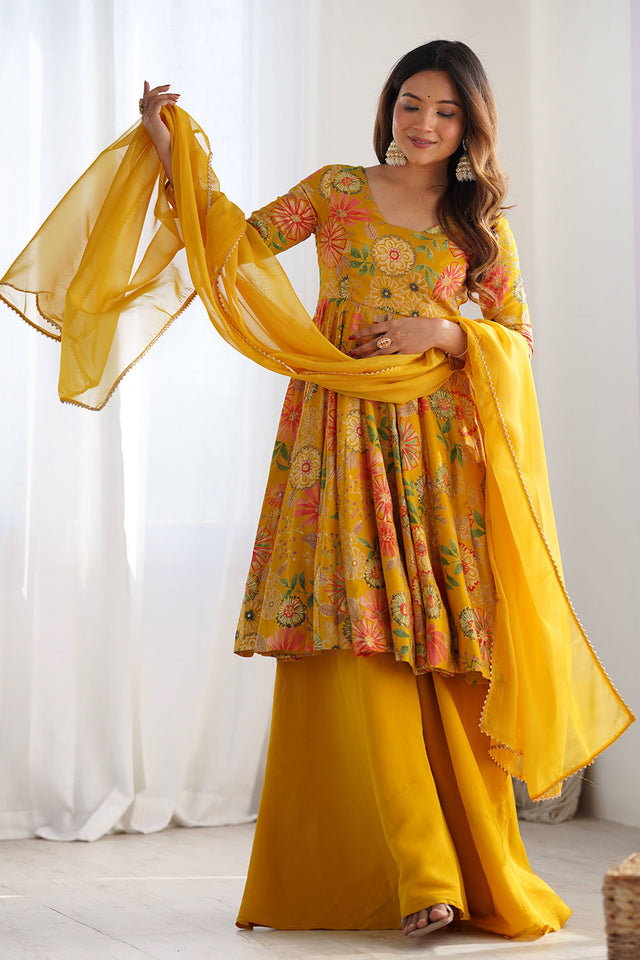 Yellow Floral Printed Chanderi Sharara Suit Set