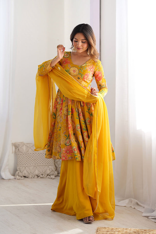 Yellow Floral Printed Chanderi Sharara Suit Set
