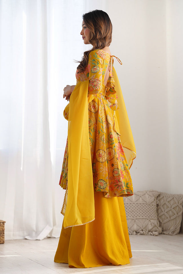 Yellow Floral Printed Chanderi Sharara Suit Set