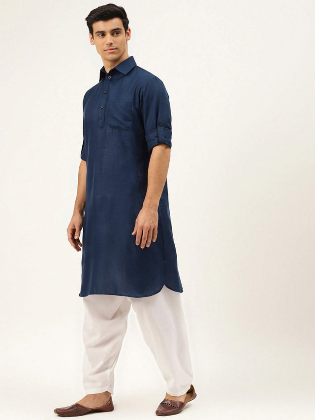 Men's Navy Blue Cotton Solid Pathani Set - 58