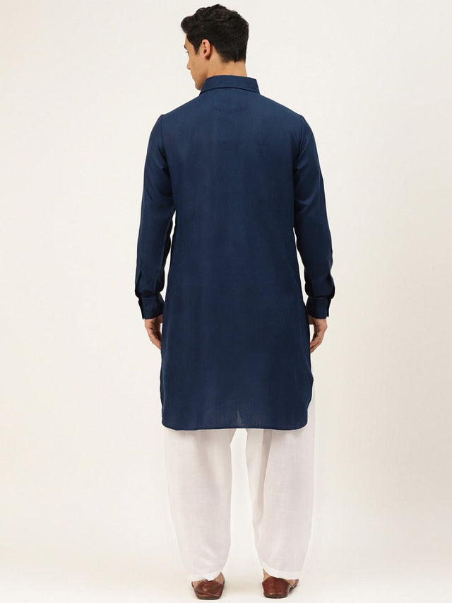 Men's Navy Blue Cotton Solid Pathani Set - 58