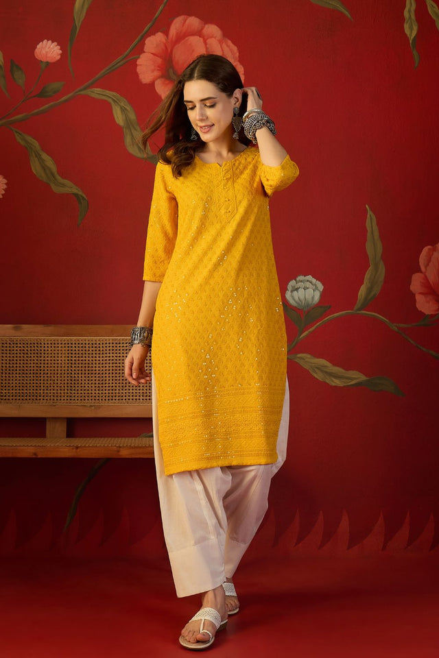 Mustard Sequin with Embroidered Rayon Free Size Stitched Long Kurti (52447)