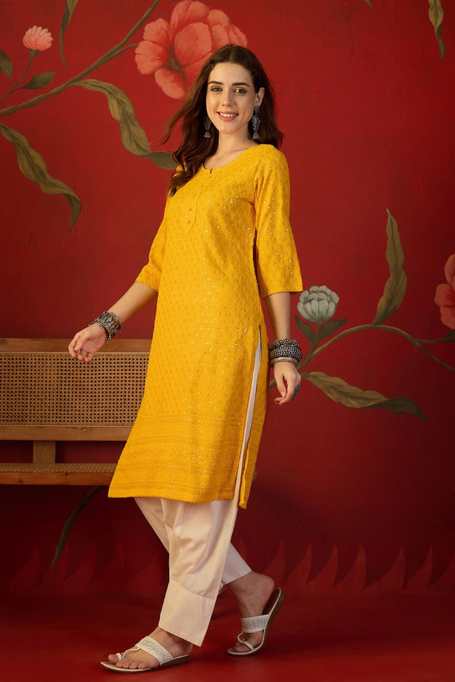 Mustard Sequin with Embroidered Rayon Free Size Stitched Long Kurti (52447)