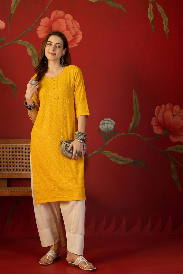 Mustard Sequin with Embroidered Rayon Free Size Stitched Long Kurti (52447)