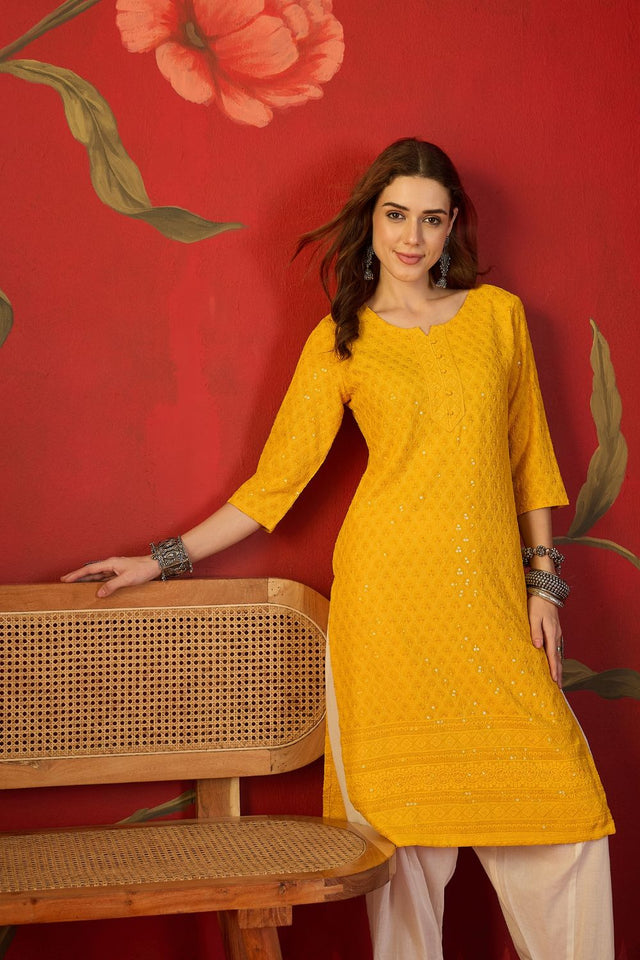 Mustard Sequin with Embroidered Rayon Free Size Stitched Long Kurti (52447)