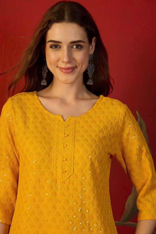 Mustard Sequin with Embroidered Rayon Free Size Stitched Long Kurti (52447)