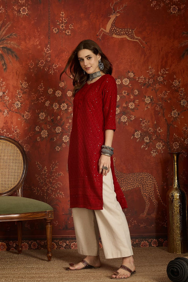 Maroon Sequin with Embroidered Rayon Free Size Stitched Long Kurti (52448)