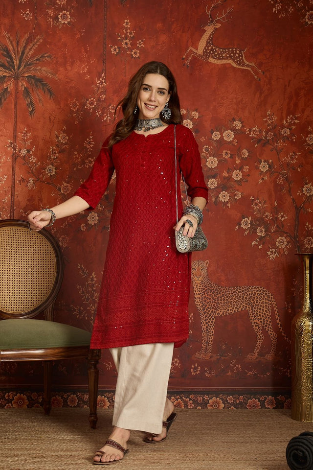 Maroon Sequin with Embroidered Rayon Free Size Stitched Long Kurti (52448)