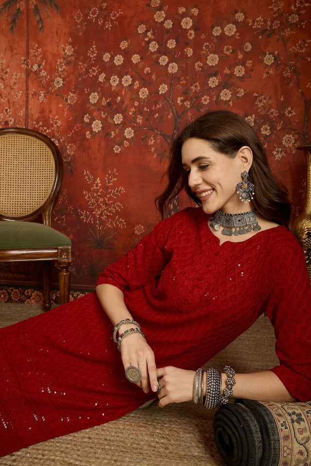 Maroon Sequin with Embroidered Rayon Free Size Stitched Long Kurti (52448)