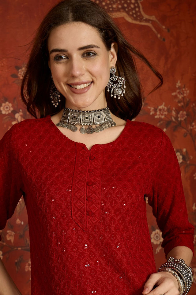 Maroon Sequin with Embroidered Rayon Free Size Stitched Long Kurti (52448)
