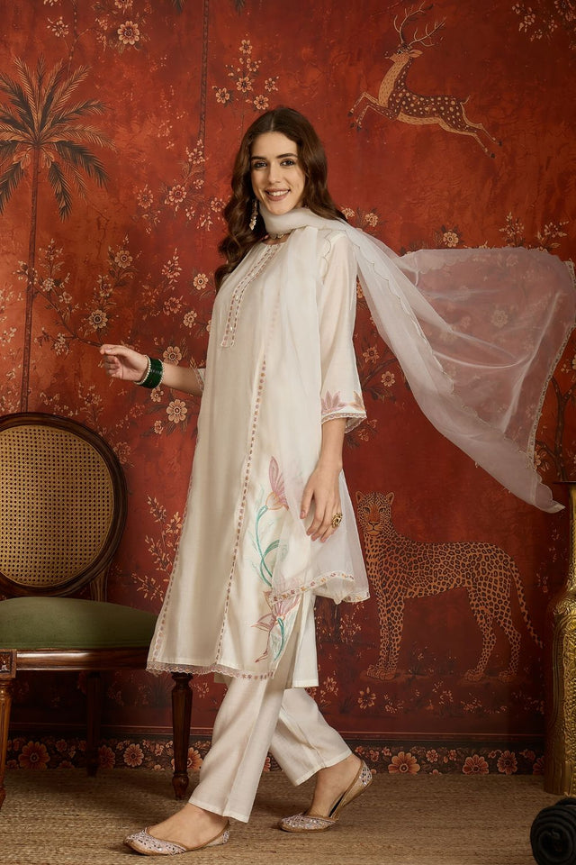White Embroidered Silk Free Size Stitched Straight Cut Suit (52470)