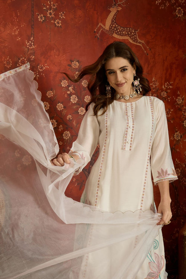 White Embroidered Silk Free Size Stitched Straight Cut Suit (52470)