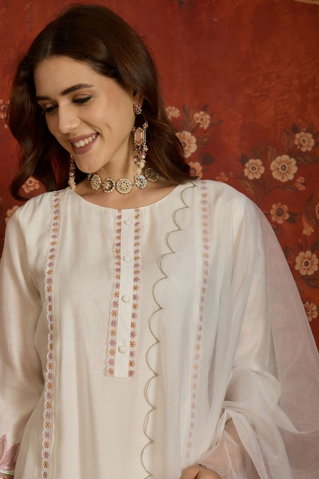 White Embroidered Silk Free Size Stitched Straight Cut Suit (52470)
