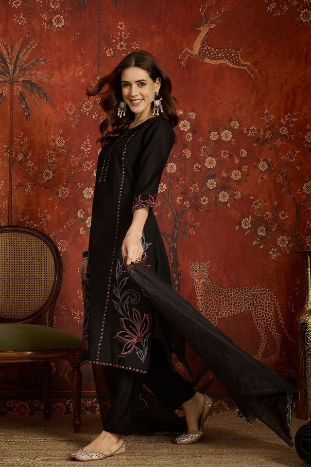 Black Embroidered Silk Free Size Stitched Straight Cut Suit (52471)