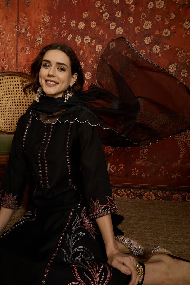 Black Embroidered Silk Free Size Stitched Straight Cut Suit (52471)