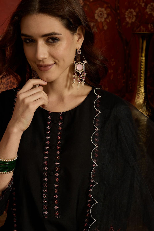 Black Embroidered Silk Free Size Stitched Straight Cut Suit (52471)