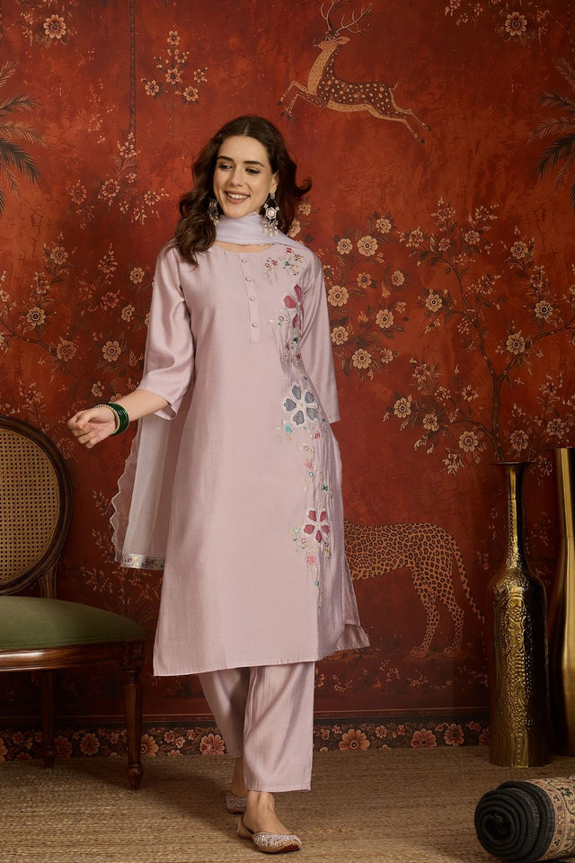 Mauve Floral Embroidered Silk Free Size Stitched Straight Cut Suit (52472)